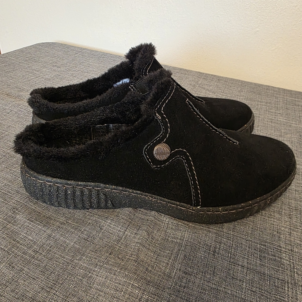 Clarks Caroline Step Black Suede Slip Ons Faux Fur Clogs Mules Women’s 8.5m - Picture 7 of 8